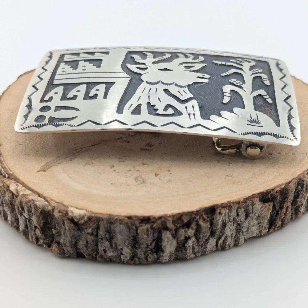 Native American Sterling Silver Belt Buckle Overlay Design Collectible Jewelry**